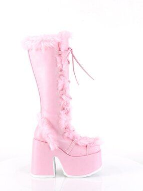 Pastel Pink Vegan Leather Knee-High Boots Faux Fur Trim, Full Inner Side Zip